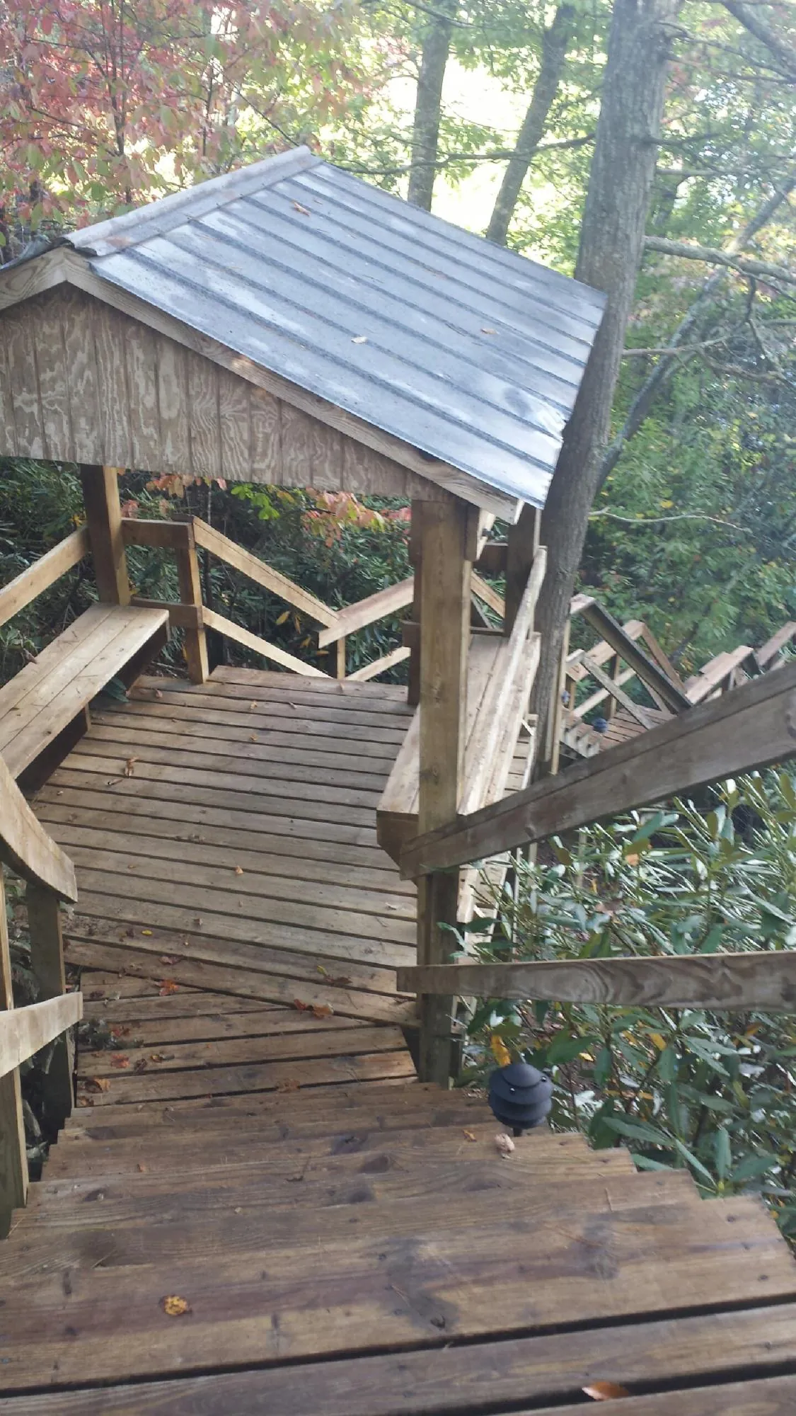 Metal roofed shelter over wooden steps on a wooded walkway — Skylight Repair & Installation work by our crew in Portage Des Sioux